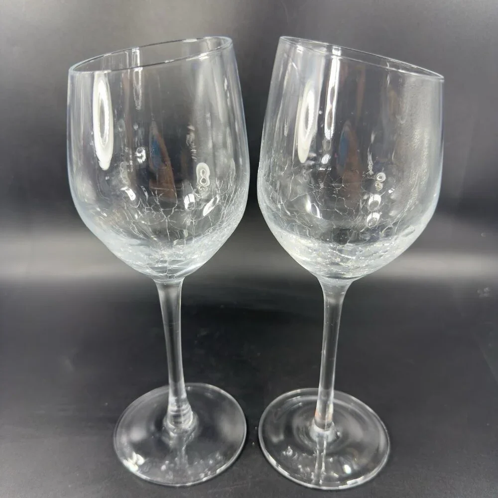 Pier 1 Clear Glass Crackle Angled Rim Goblet Drinking Glasses Cups Set 2 BarWare